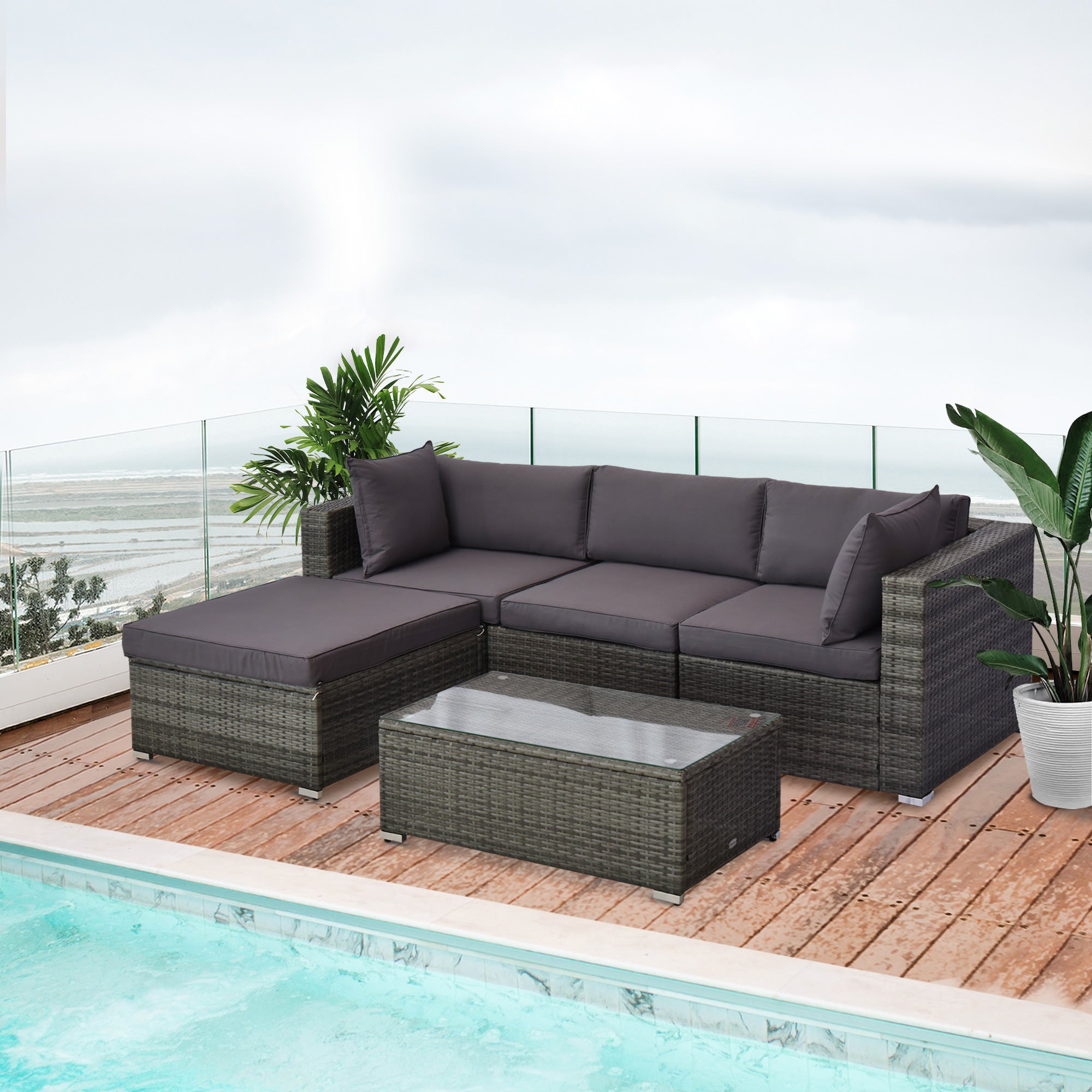 5-Piece Outdoor PE Rattan Sectional Sofa Set with Ottoman &amp; Coffee Table