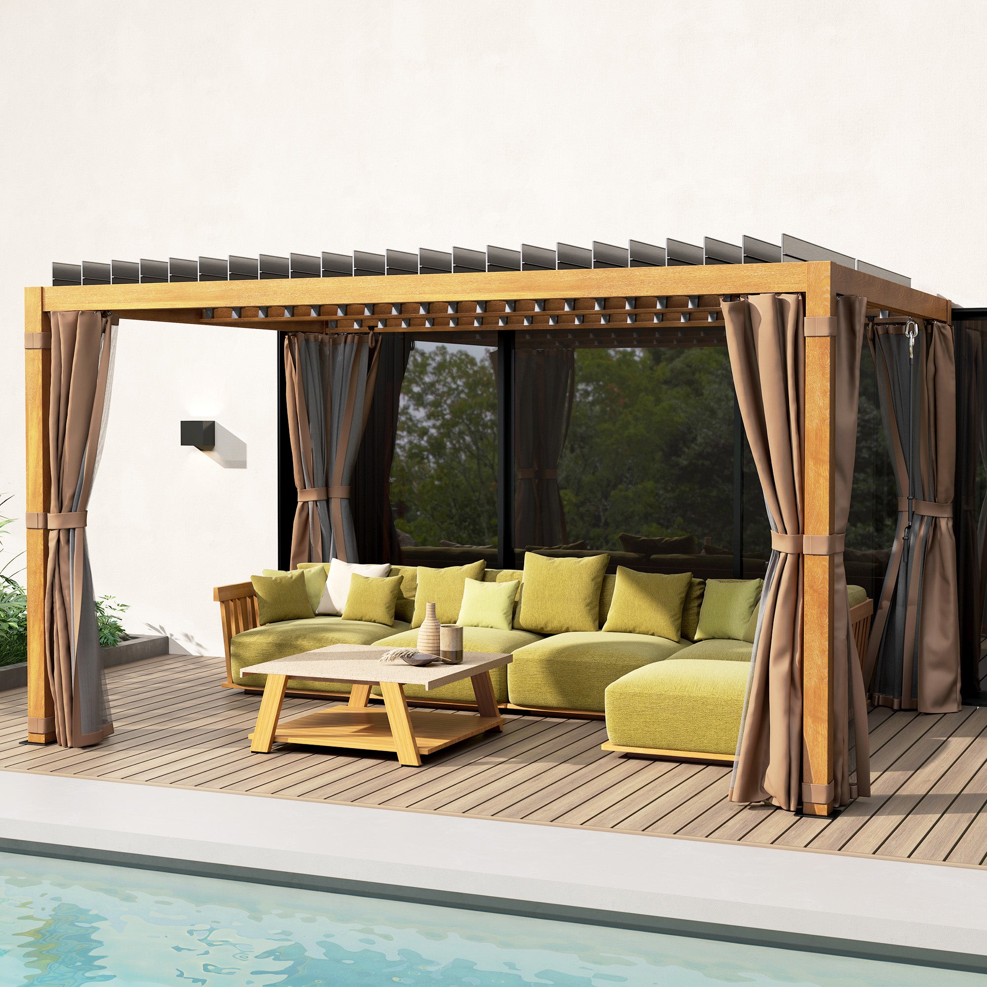 10' x 13' Adjustable Louvered Pergola with Curtains & Netting – Outdoor Aluminum Patio Gazebo for Shade & Privacy