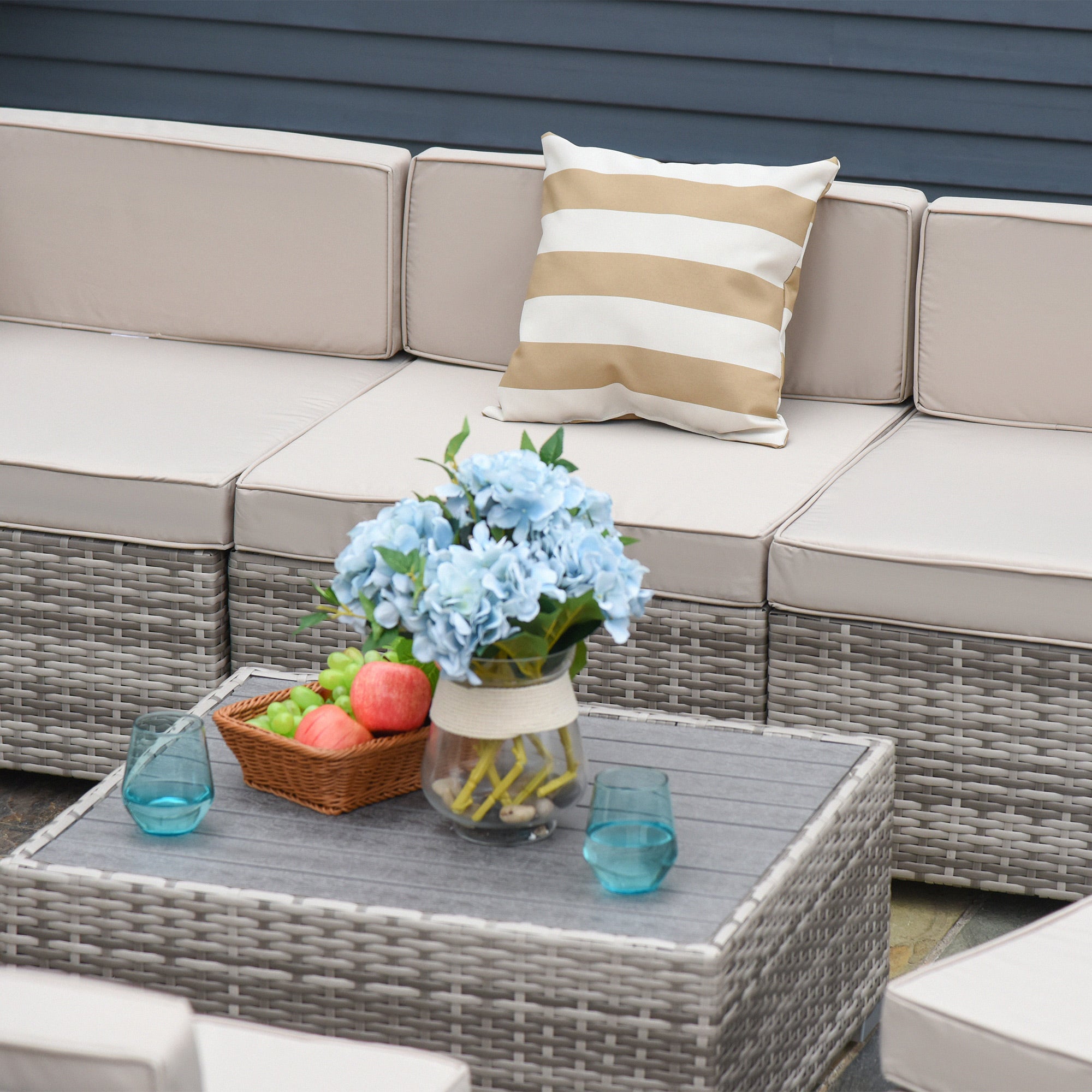 7-Piece Rattan Outdoor Sectional Sofa Set – Modular Patio Seating with Cushions & Glass Coffee Table