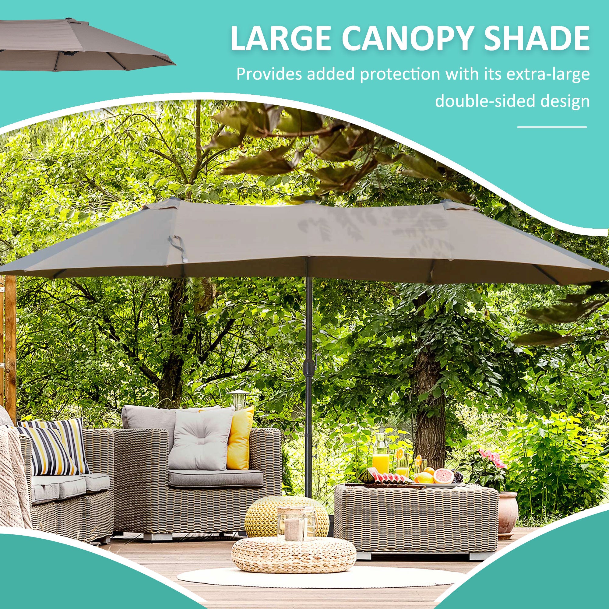 14.4 ft Double-Sided Offset Patio Umbrella with Crank Lift – Outdoor Cantilever Sun Shade for Patio, Deck, Garden, or Pool