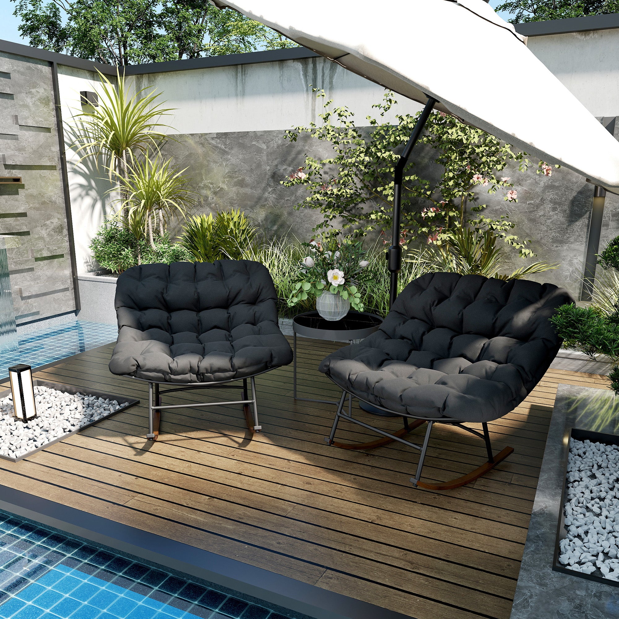 2-Piece Modern Outdoor Papasan Rocking Chair Set with Cushions – Steel Frame with Woodgrain Finish
