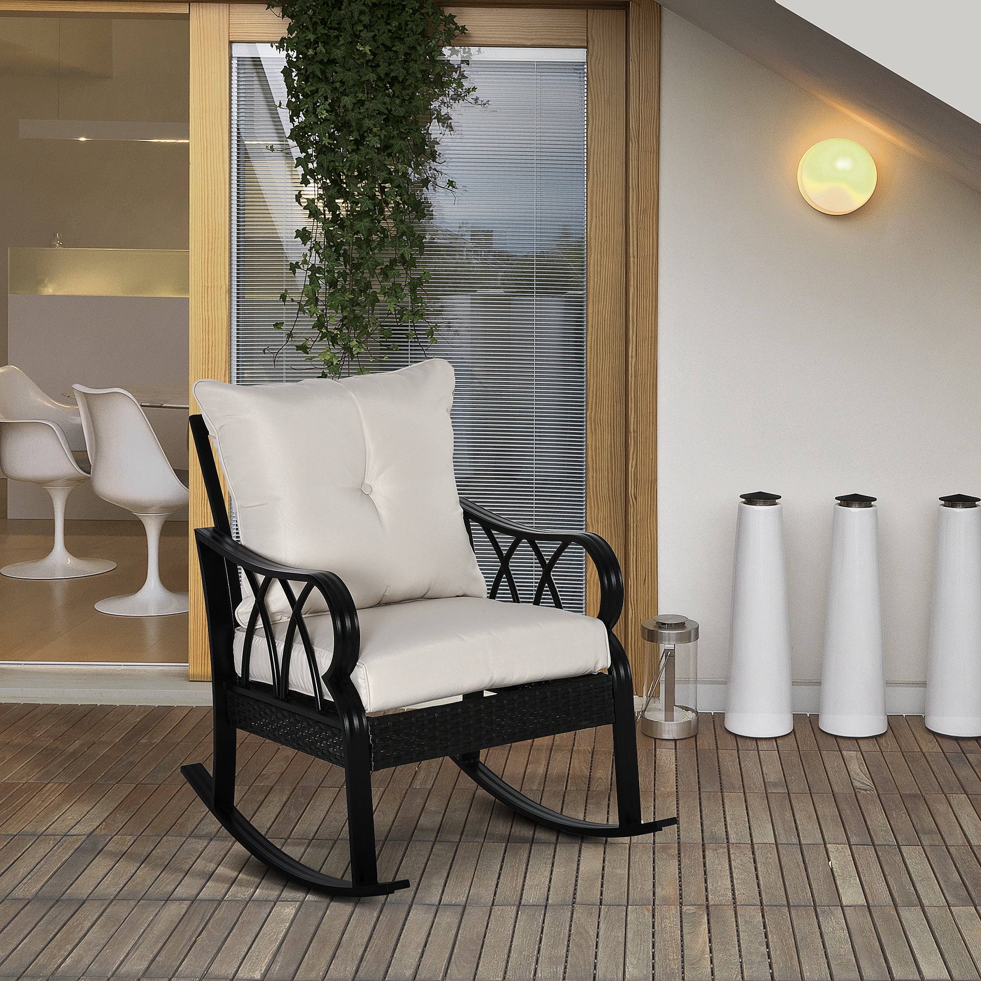 Outdoor Wicker Rocking Chair – All-Weather PE Rattan Patio Rocker with Cushions – Lightweight Aluminum Frame