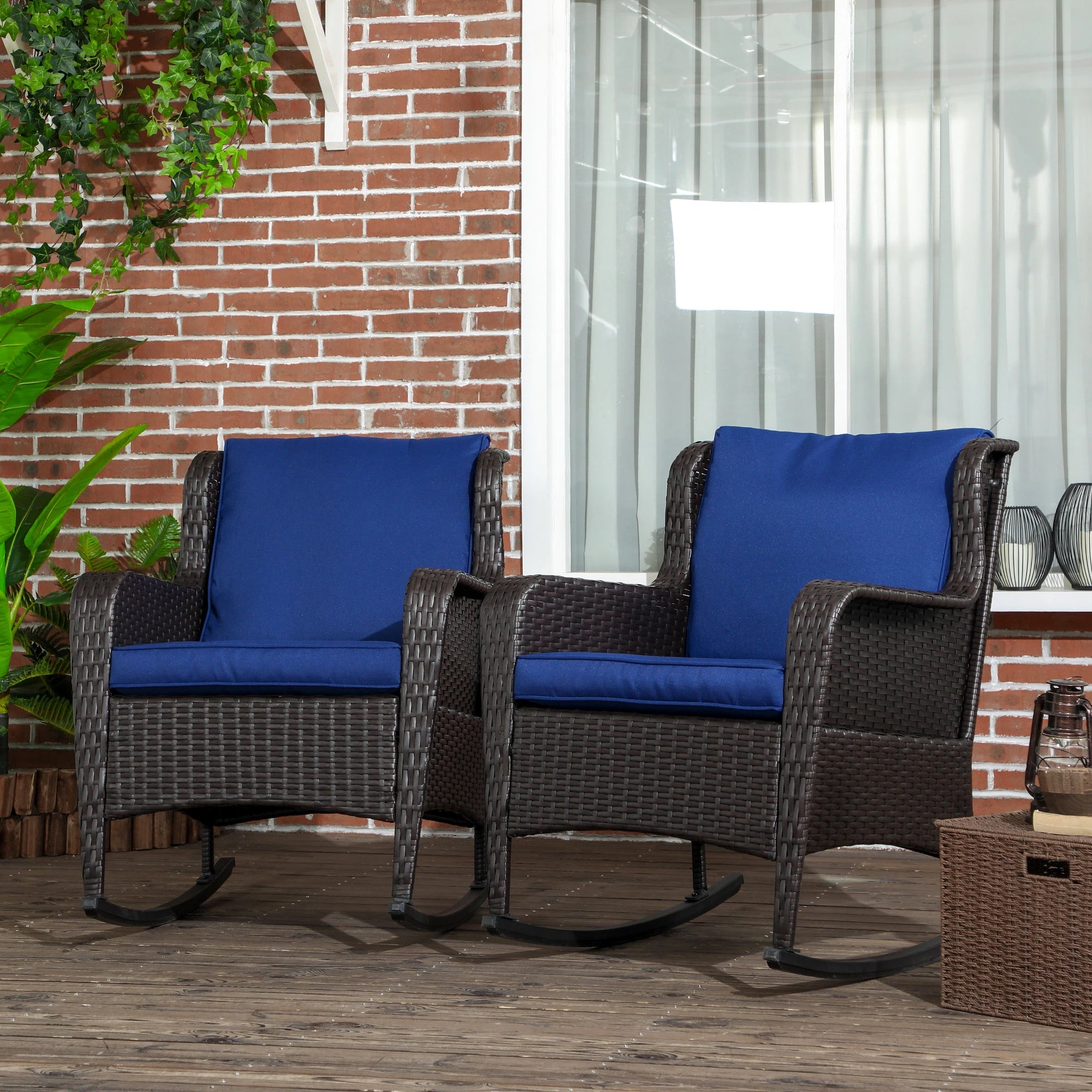 Outdoor Rattan Rocking Chair Set – Set of 2 Porch Rockers with Cushions – All-Weather PE Wicker & Steel Frame
