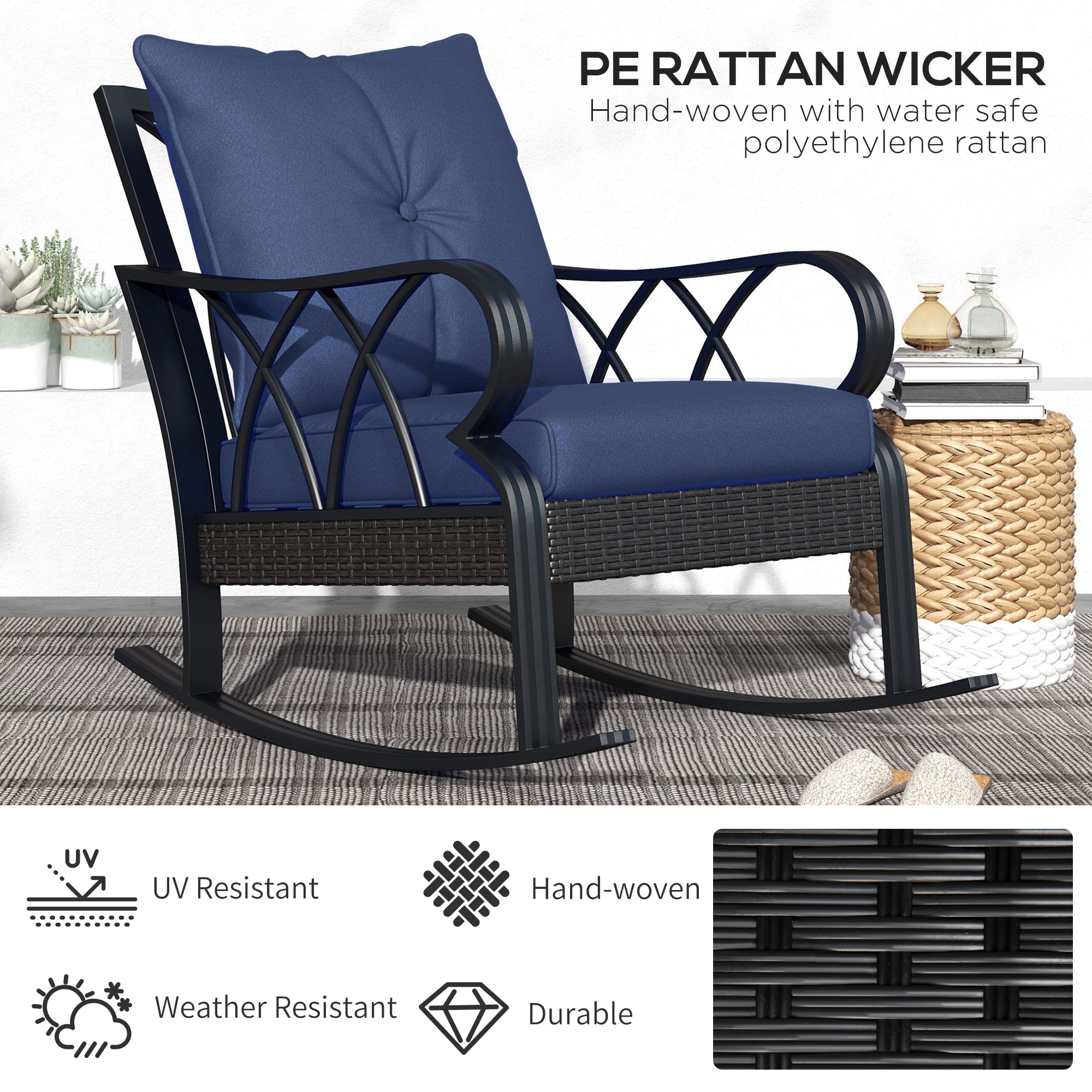 2-Piece Outdoor Wicker Rocking Chair Set – All-Weather PE Rattan Patio Chairs with Cushions – Aluminum Frame