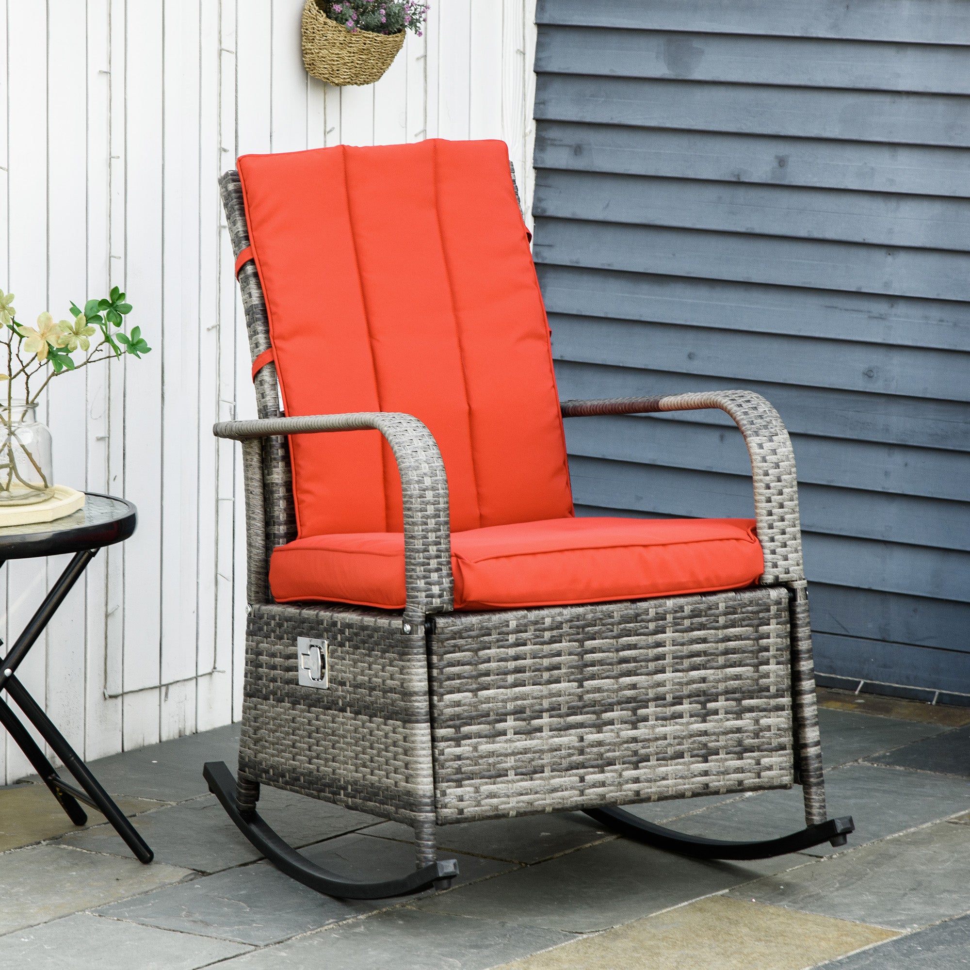 Outdoor Reclining Rattan Rocking Chair with Cushions – Adjustable Footrest, All-Weather PE Wicker