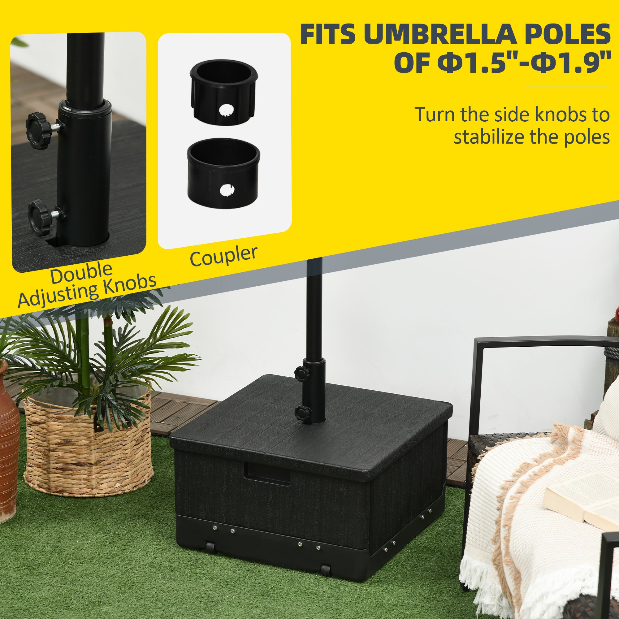 Fillable Patio Umbrella Base with Adjustable Table Tray – Heavy-Duty Outdoor Umbrella Stand with Wheels – Fits 1.5"/1.9" Poles