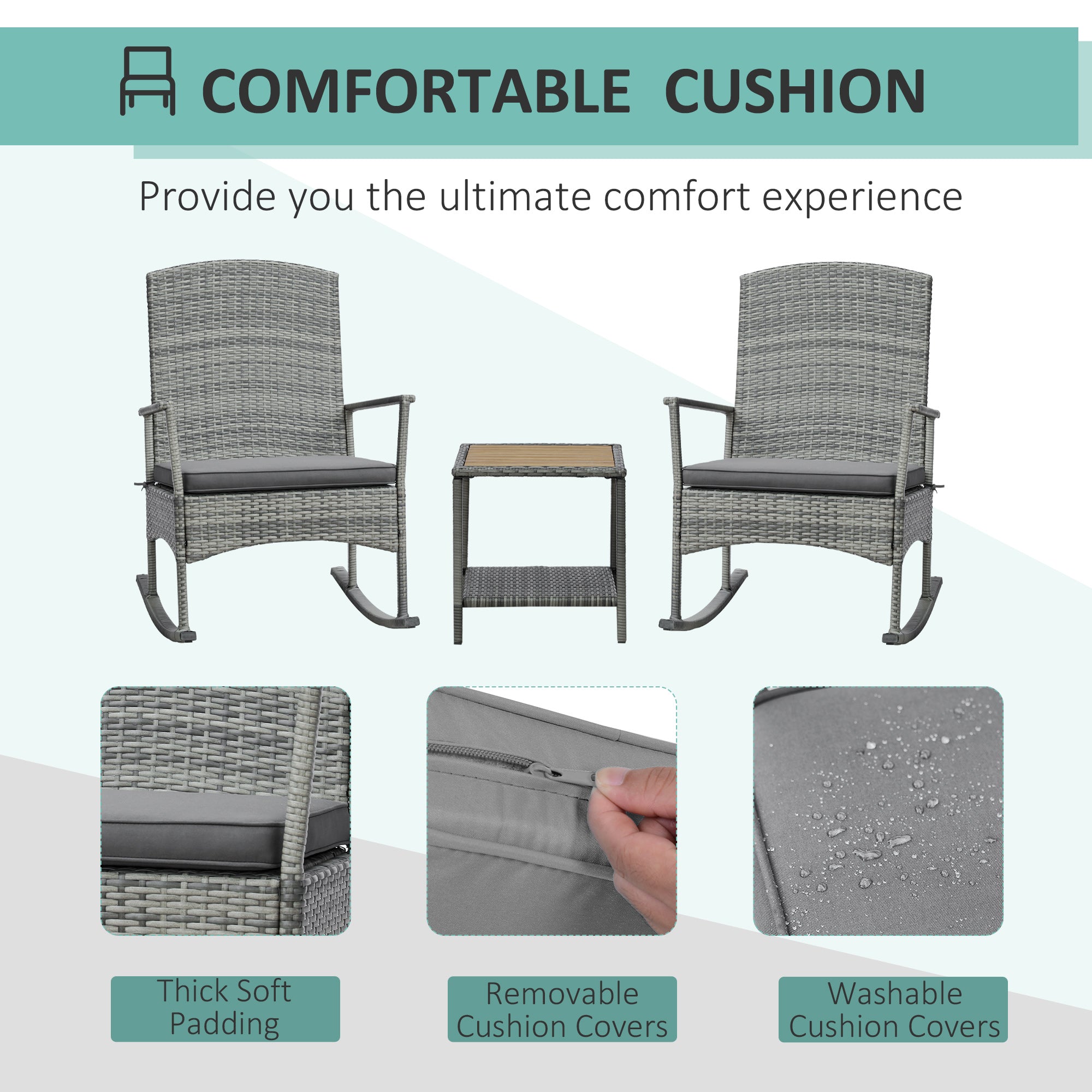 3-Piece Outdoor Rocking Chair Set with Cushions & Wood-Top Coffee Table