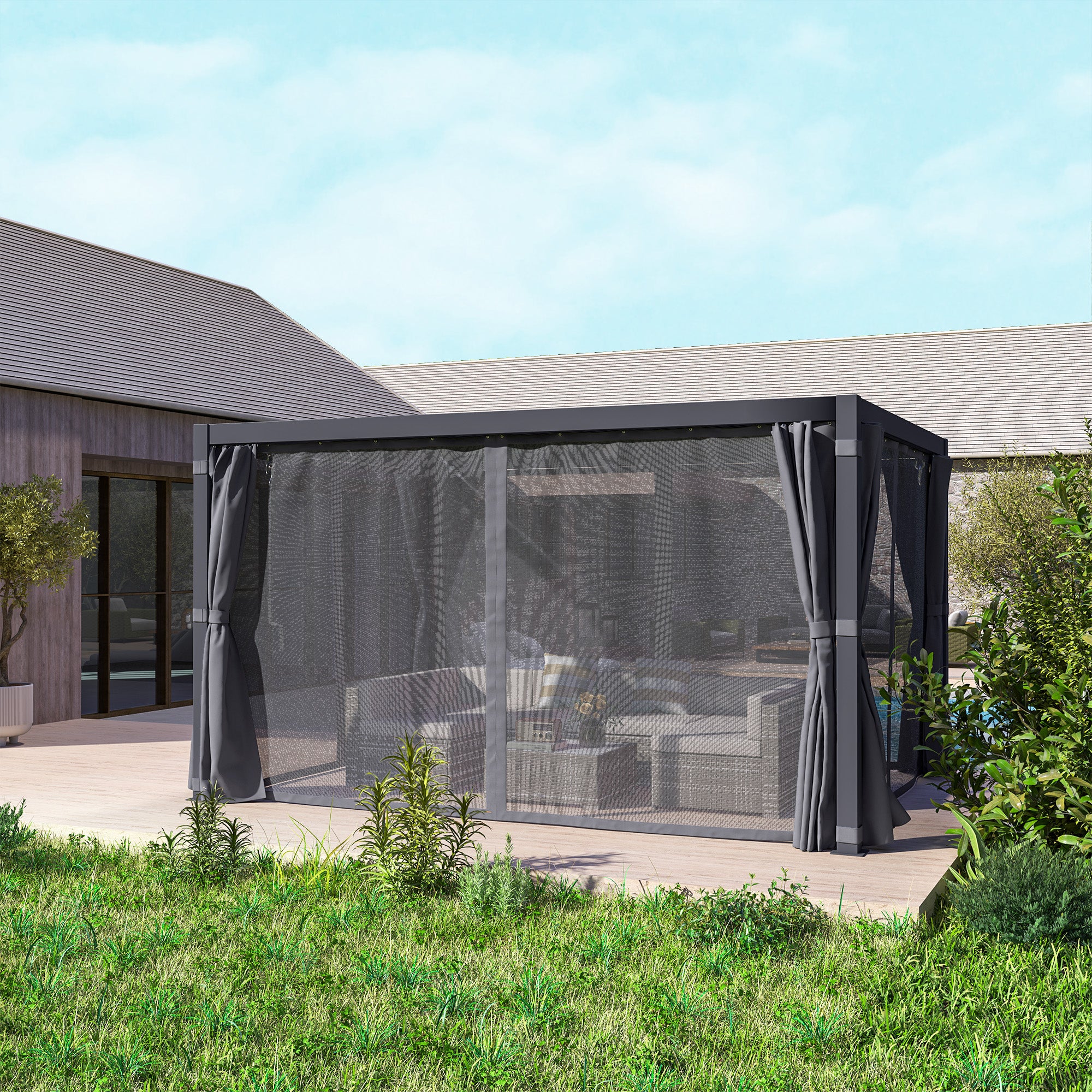 10' x 13' Adjustable Louvered Pergola with Curtains & Netting – Outdoor Aluminum Patio Gazebo for Shade & Privacy
