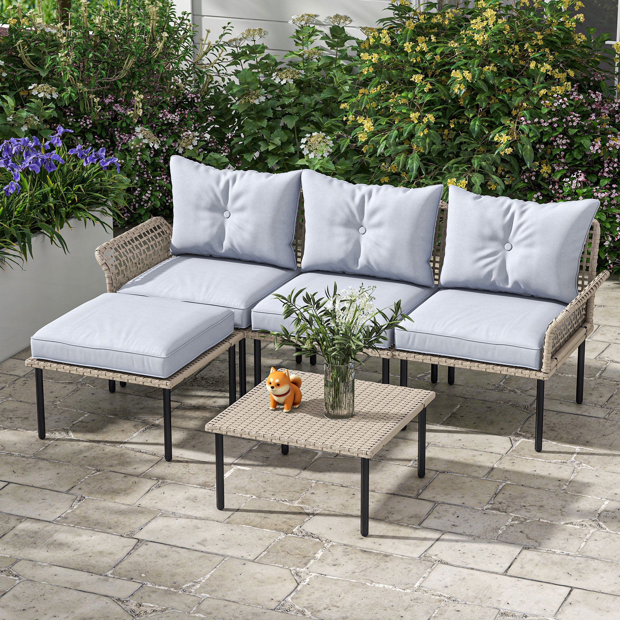 5-Piece Modular PE Rattan Patio Sectional Set with Cushions & Coffee Table