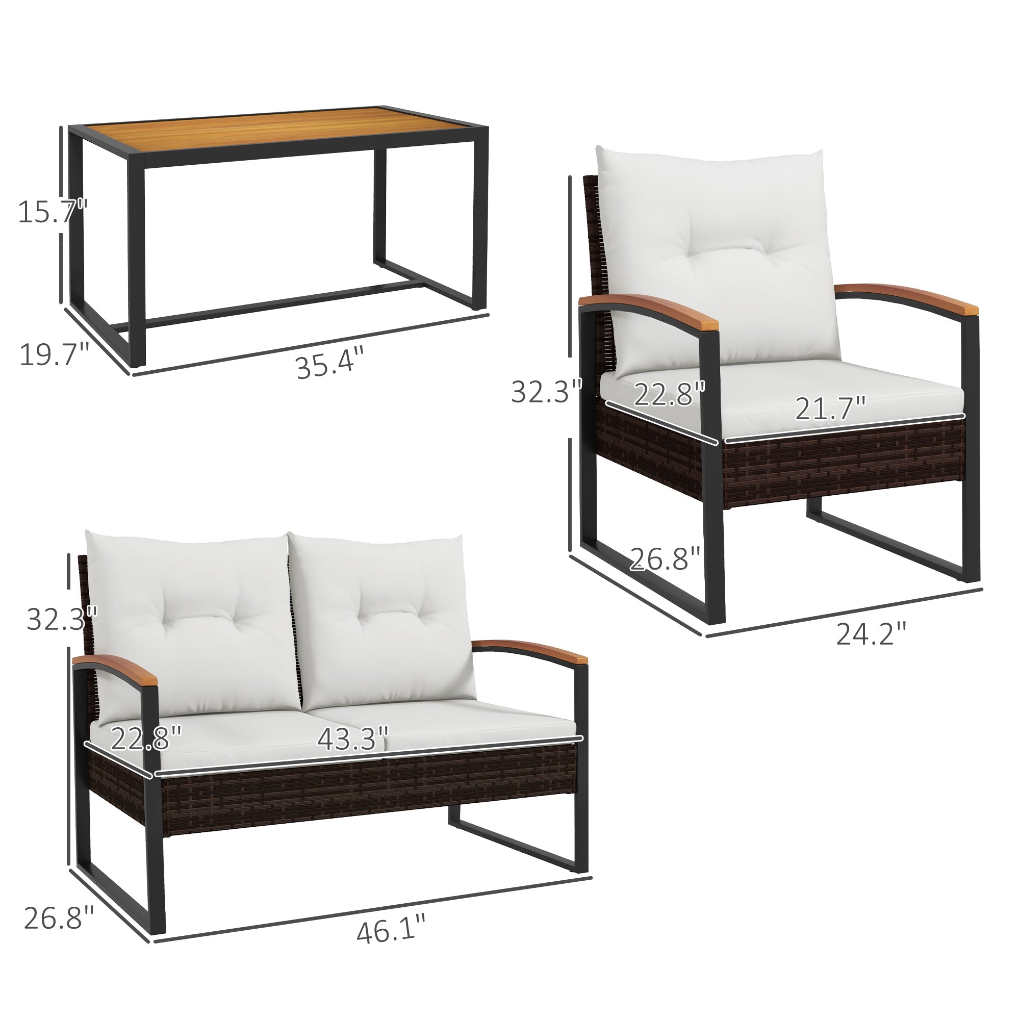 4-Piece Rattan Patio Furniture Set with Acacia Wood Coffee Table & Cushions