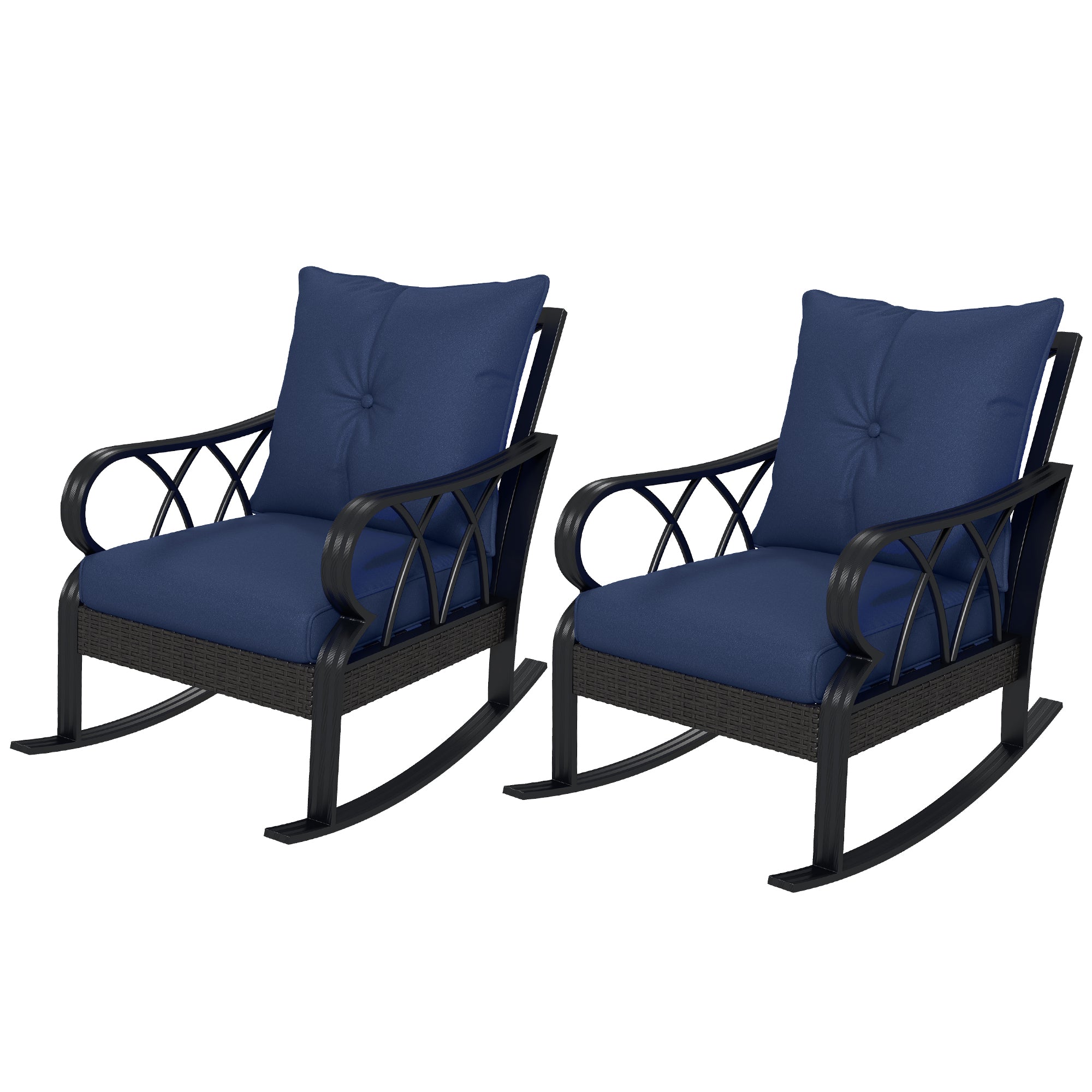 2-Piece Outdoor Wicker Rocking Chair Set – All-Weather PE Rattan Patio Chairs with Cushions – Aluminum Frame