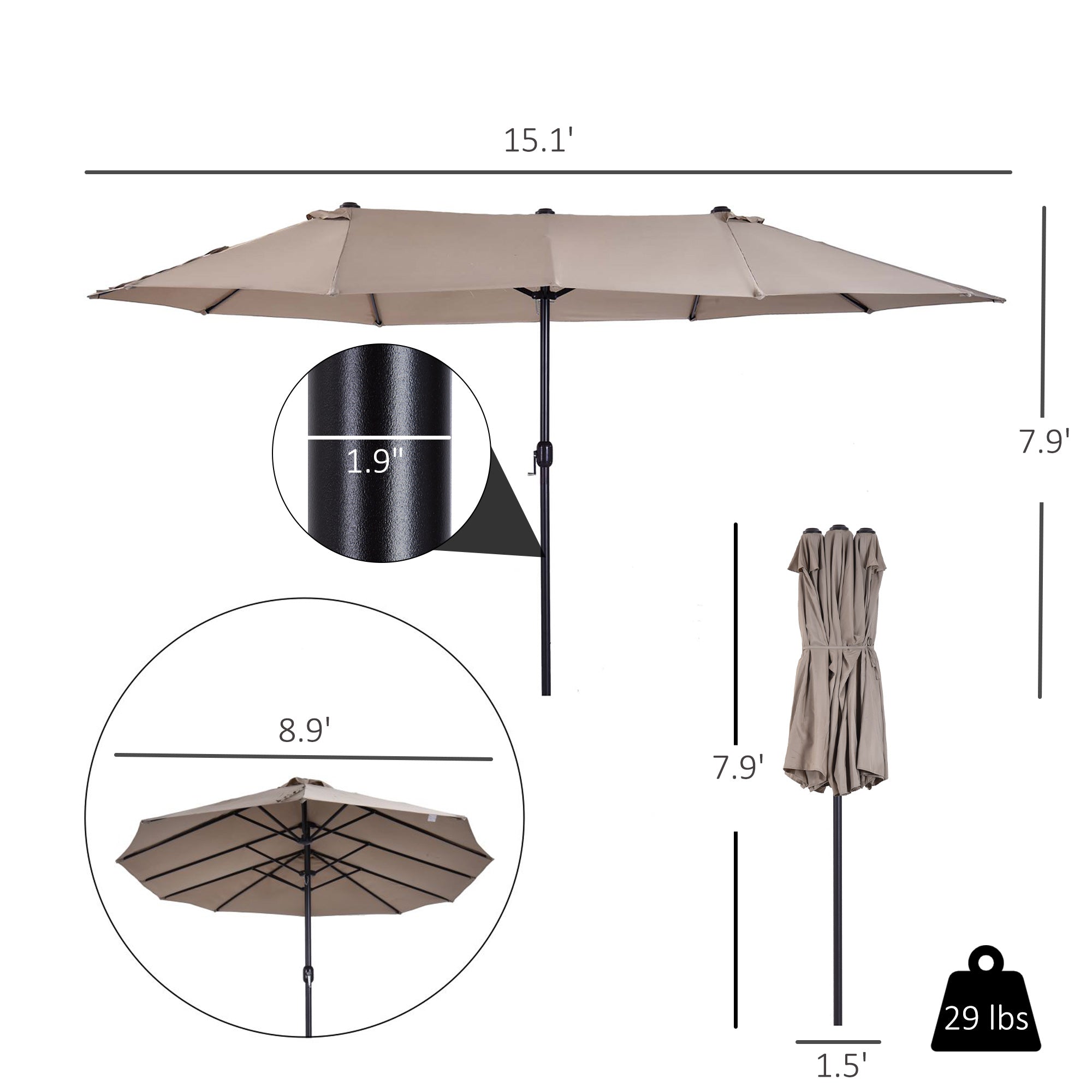 15ft Double-Sided Market Umbrella – Extra-Large Outdoor Patio Umbrella with Crank Lift – UV-Resistant Fabric for Poolside, Garden, or Deck