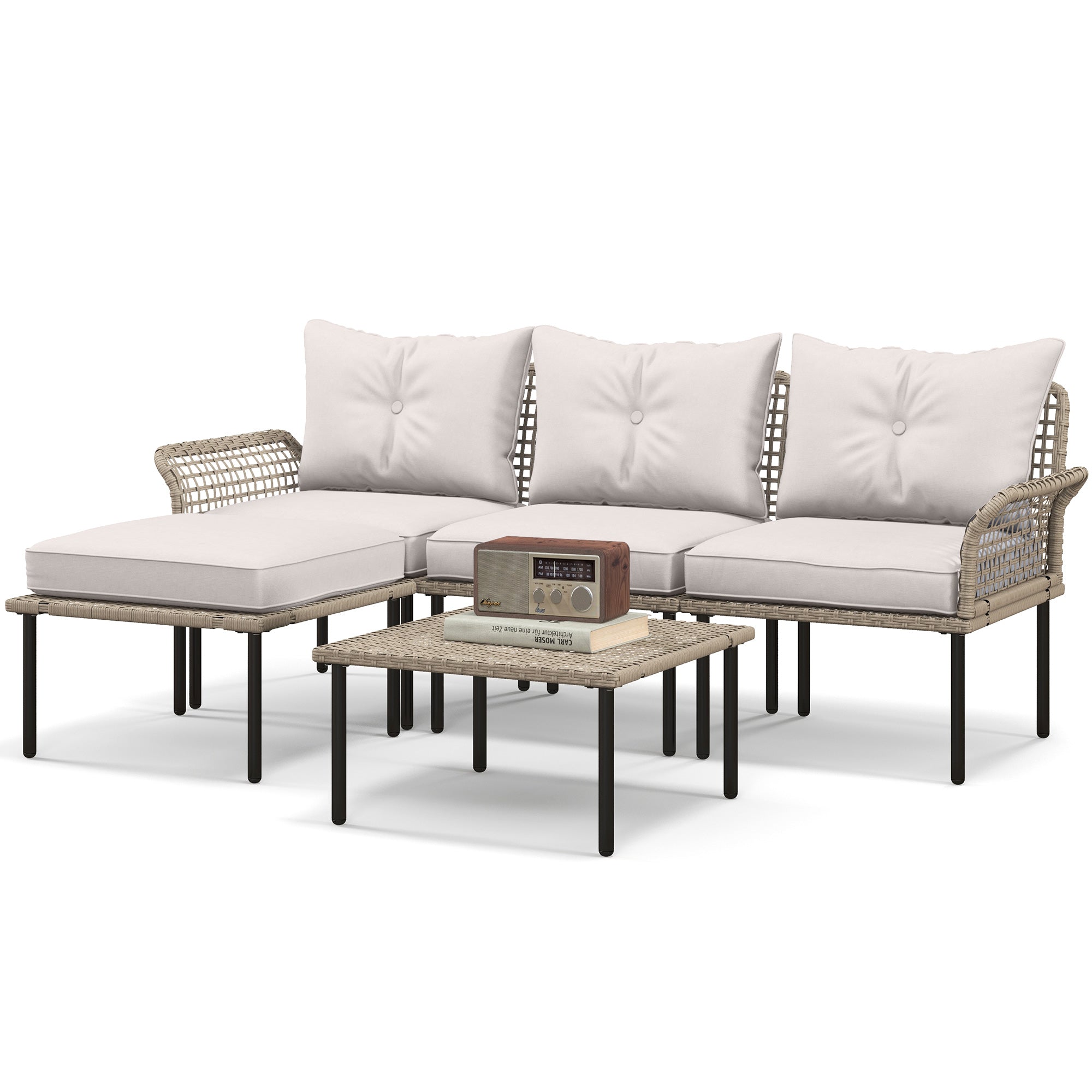 5-Piece Modular PE Rattan Patio Sectional Set with Cushions & Coffee Table