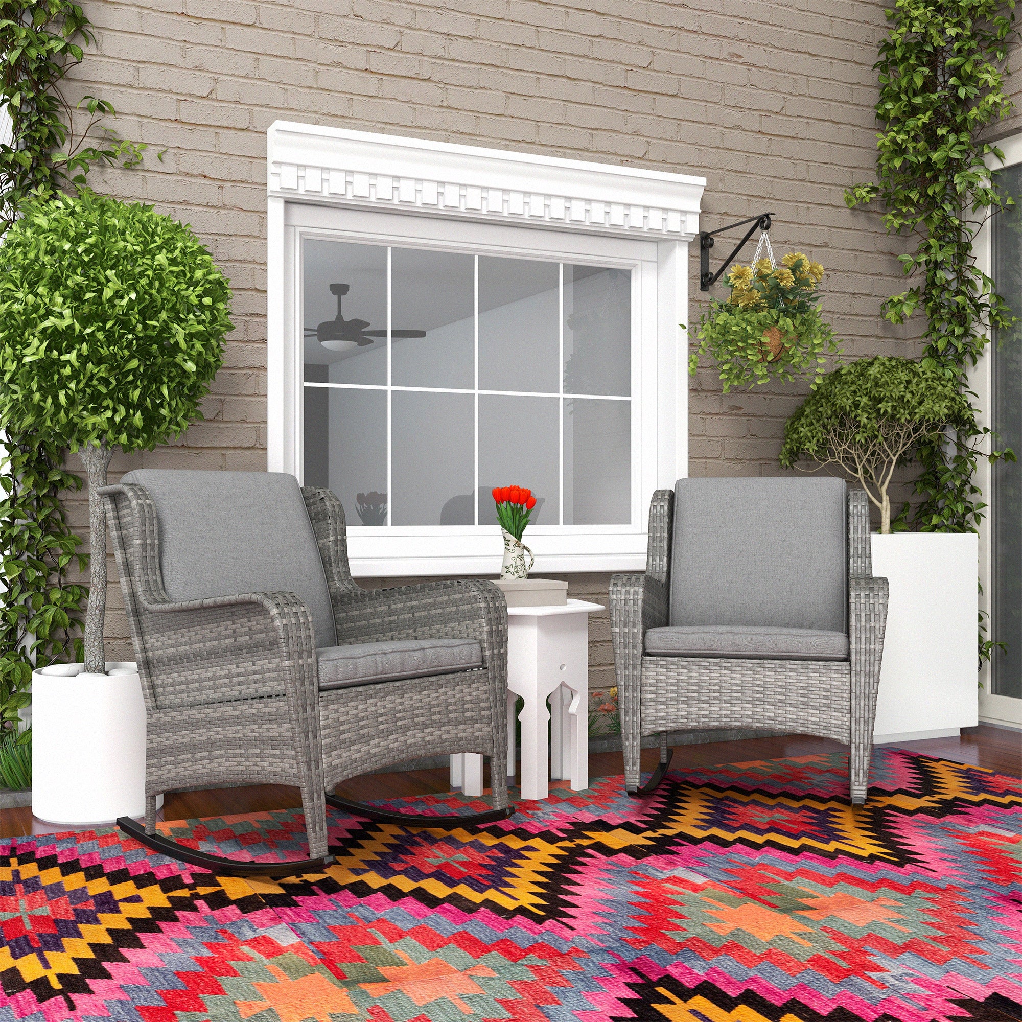 Outdoor Rattan Rocking Chair Set – Set of 2 Porch Rockers with Cushions – All-Weather PE Wicker & Steel Frame