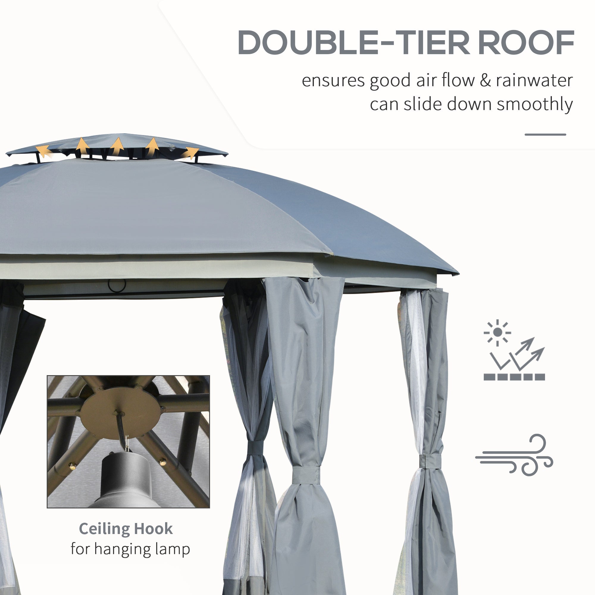12 ft. Hexagonal Gazebo with Double Roof, Mesh Netting &amp; Privacy Curtains – Outdoor Patio Canopy for Events &amp; Entertaining